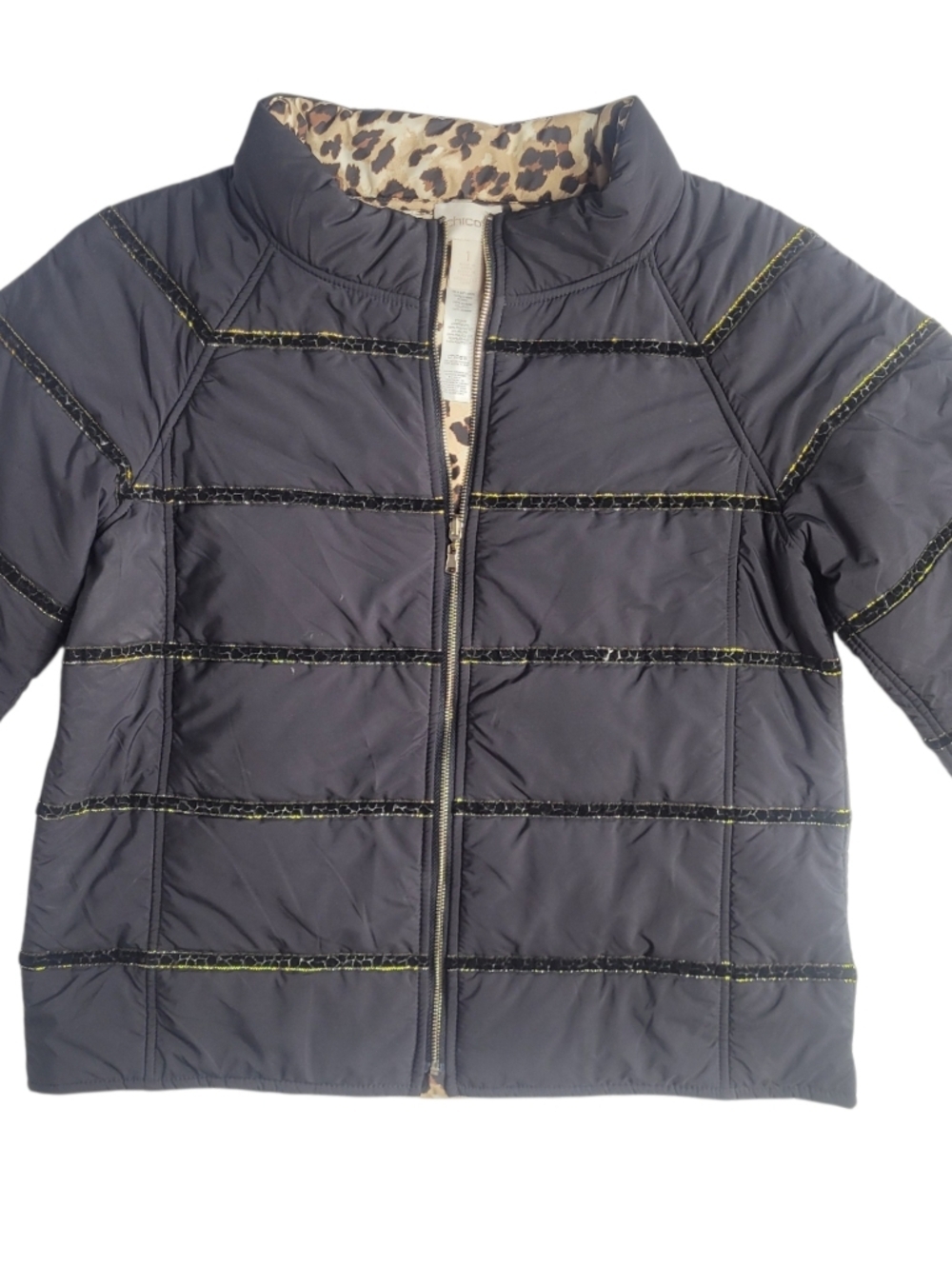 Chico's Reversible Puffer Jacket Black/Animal Print Size 1 (Medium 8)